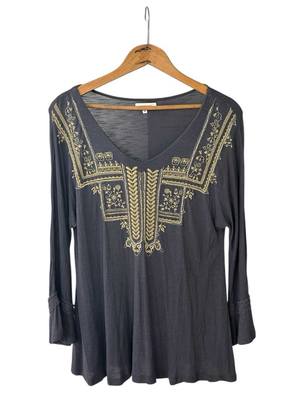 Sundance | Women’s Charcoal Grey Embroidered V-Neck Long Sleeve Tunic Top Size M